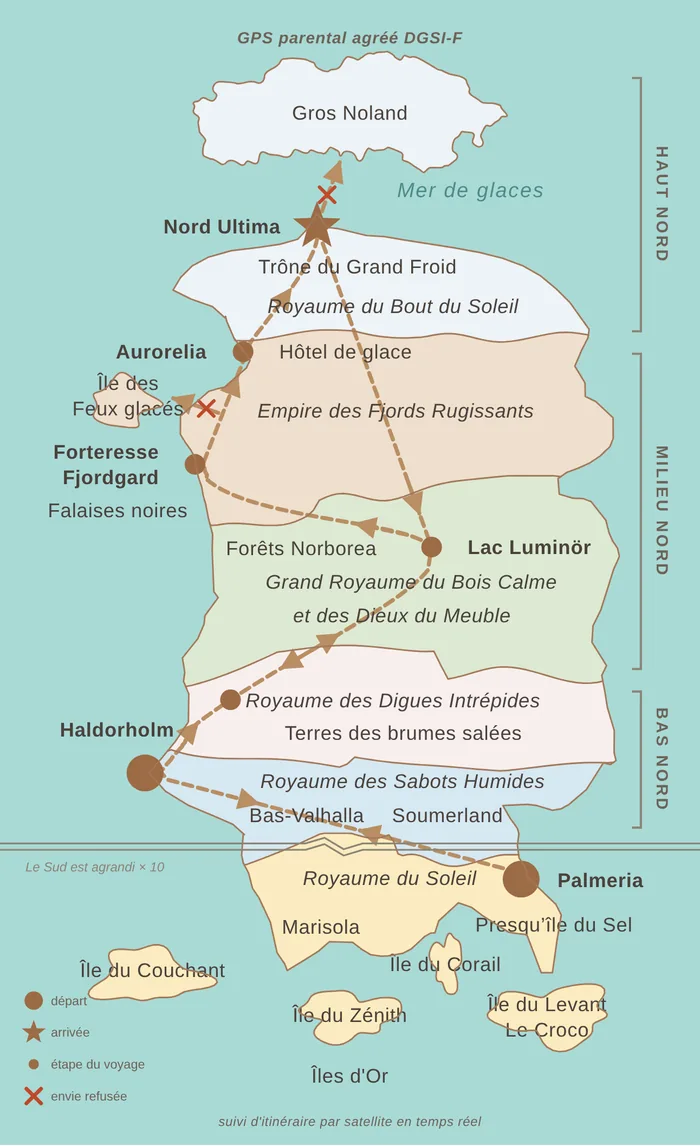 The road map of chapter 20 of The Hammock and the Hummingbirds: the route of Coraline and the Viking, from Palmeria in the South all the way to the Nord Ultima