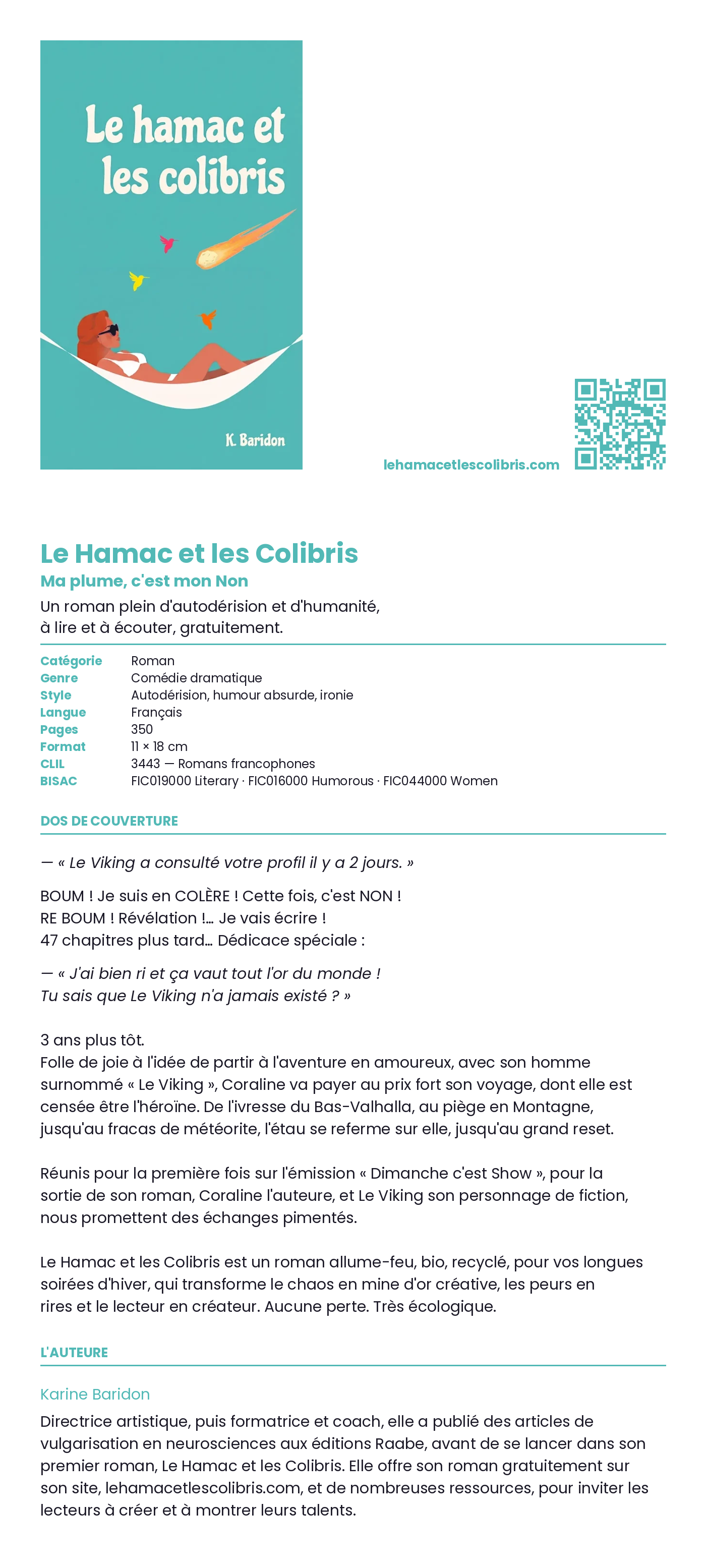 Fiche du roman Le Hamac et les Colibris de Karine Baridon : la couverture, la catégorie, le genre et le style, le dos de couverture, l'auteure et le QR code du site